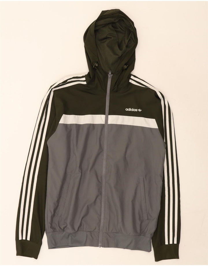 Giacca da ginnastica da uomo con cappuccio Adidas, piccola, in poliestere color block grigio