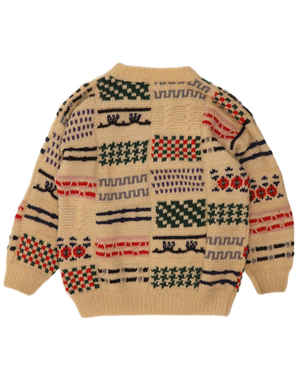 Maglione girocollo da uomo vintage in lana patchwork beige medio