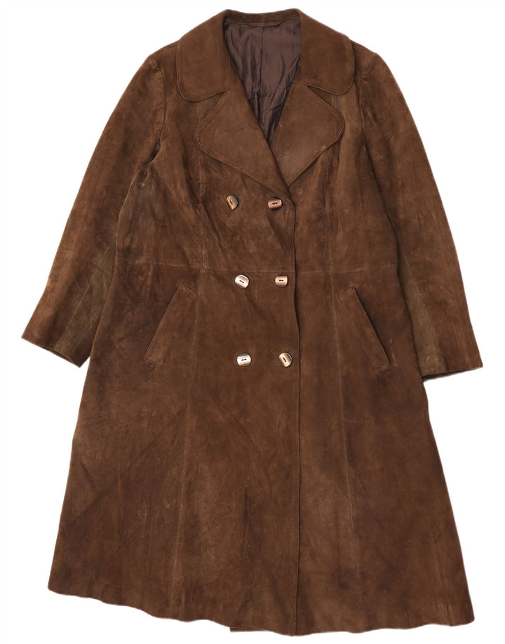 Cappotto doppiopetto vintage in pelle scamosciata da donna UK 16 grande marrone