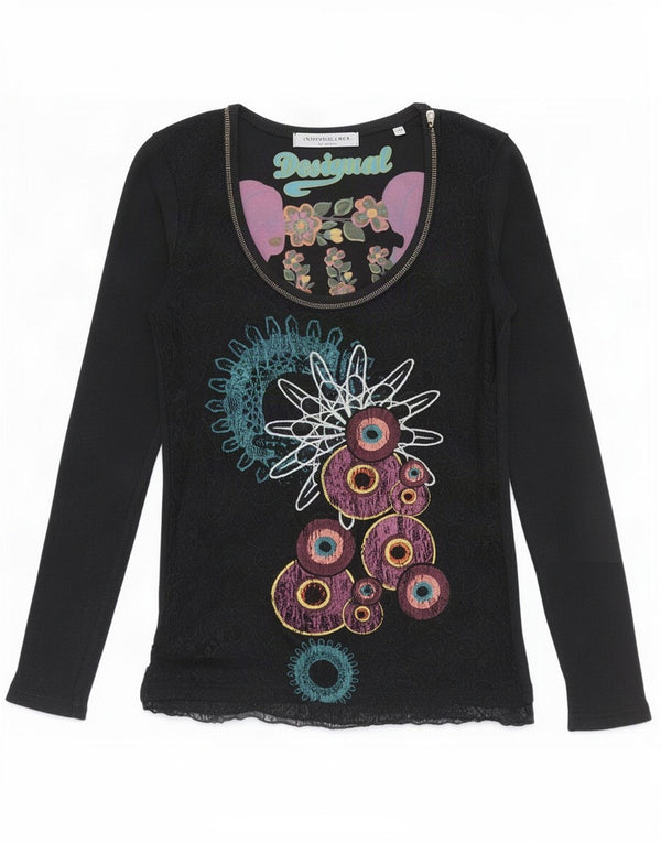 Desigual Donna Graphic Top Manica Lunga UK 10 Piccolo Nero Floreale Cotone