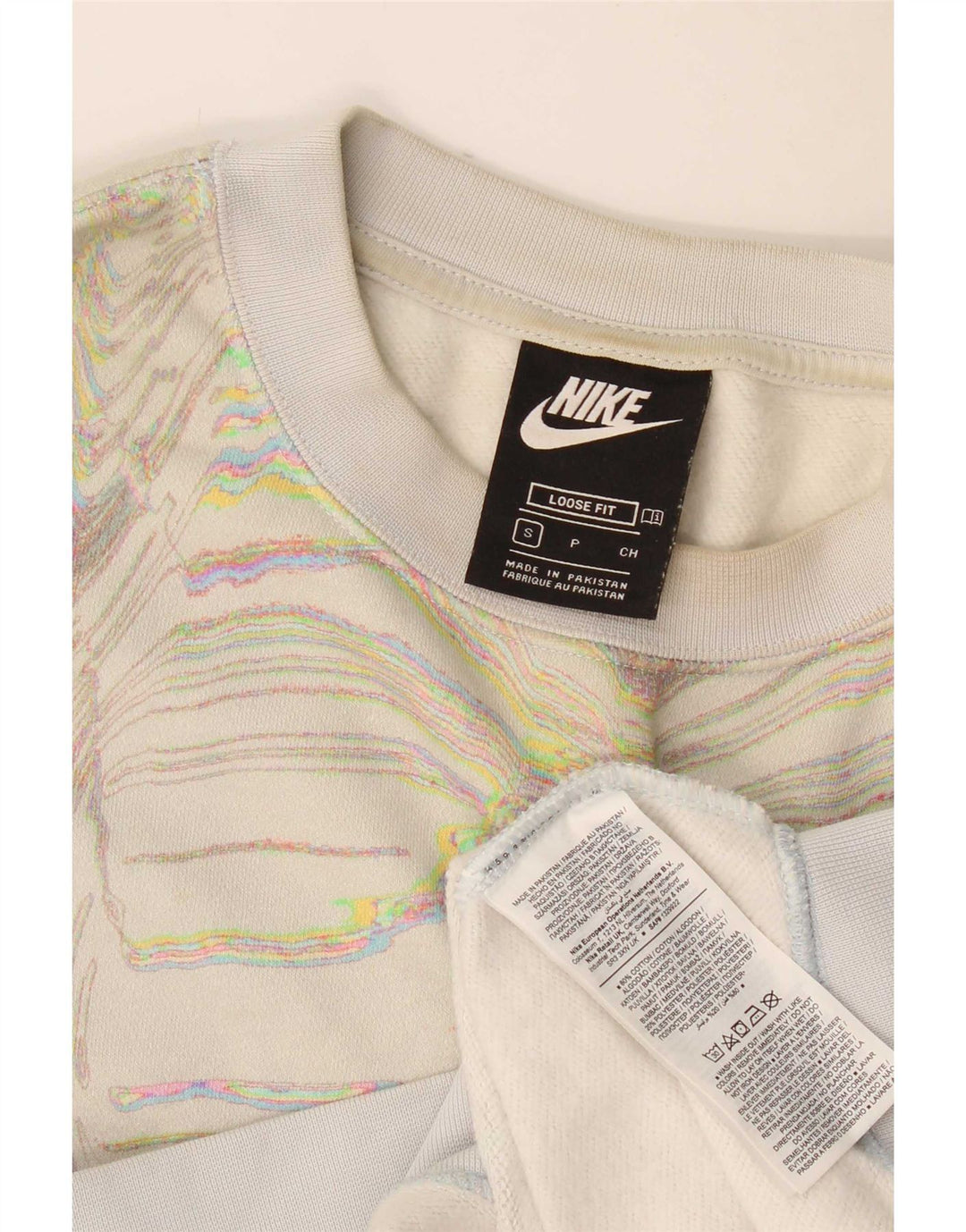Felpa da donna con motivo astratto Nike, maglione UK 10, piccola, bianco sporco