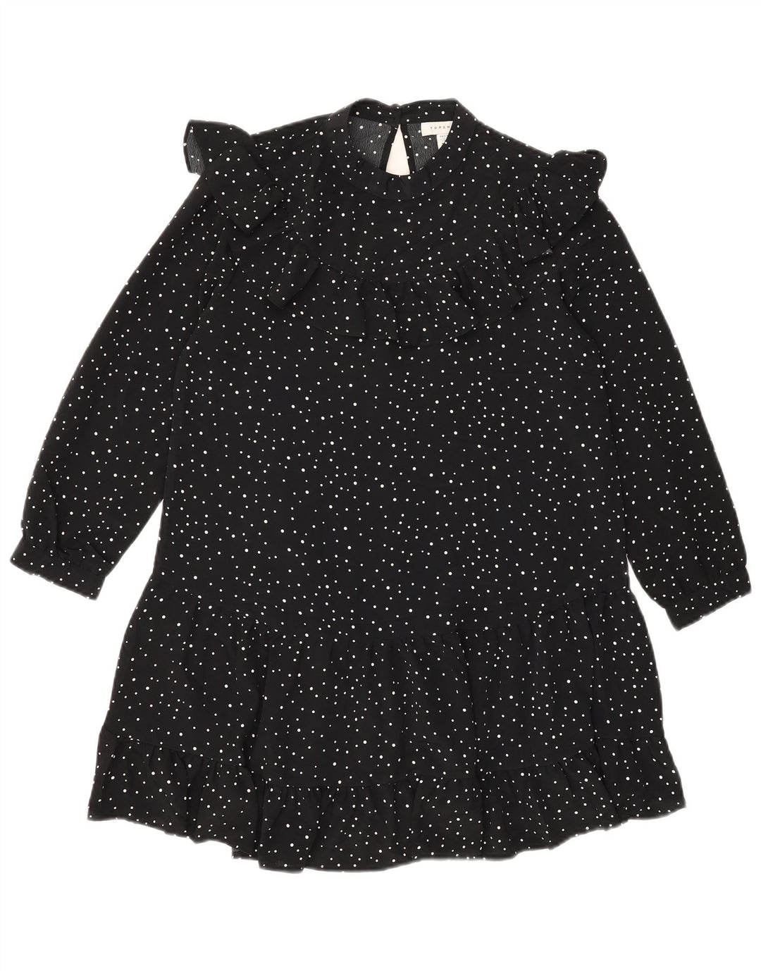 TOPSHOP Womens Ruffle Front Tunic Top UK 10 Small  Black Spotted