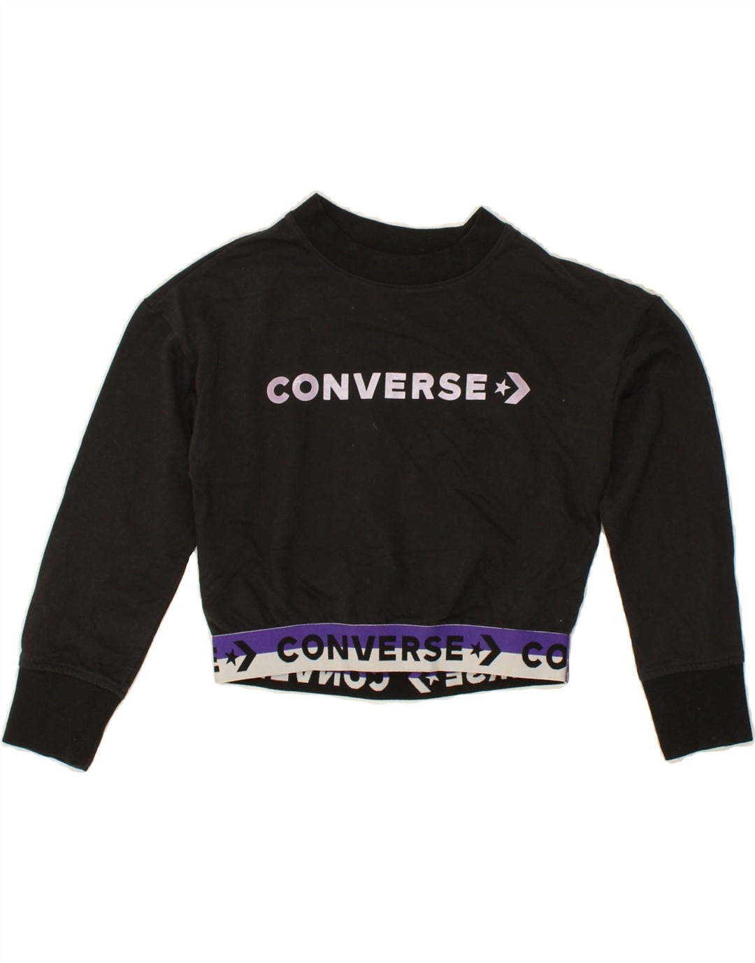 CONVERSE Girls Crop Graphic Sweatshirt Jumper 8-9 Years Small  Black Vintage Converse and Second-Hand Converse from Messina Hembry 