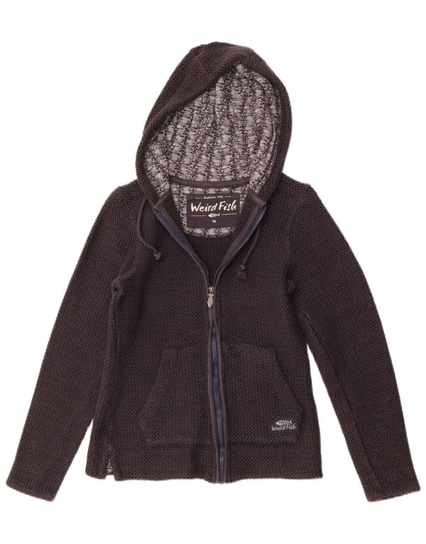 WEIRD FISH Maglione con cappuccio e zip da donna UK 10 Piccolo cotone blu navy