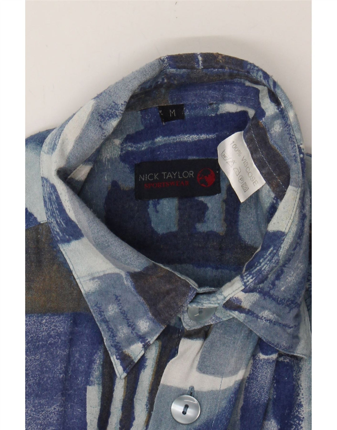 NICK TAYLOR Mens Shirt Medium Blue Geometric Viscose Vintage Nick Taylor and Second-Hand Nick Taylor from Messina Hembry 