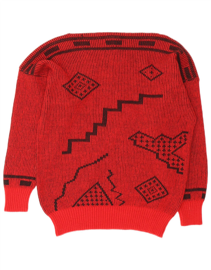 Maglione da donna vintage con scollo a barca IT 44 Lana geometrica rossa media