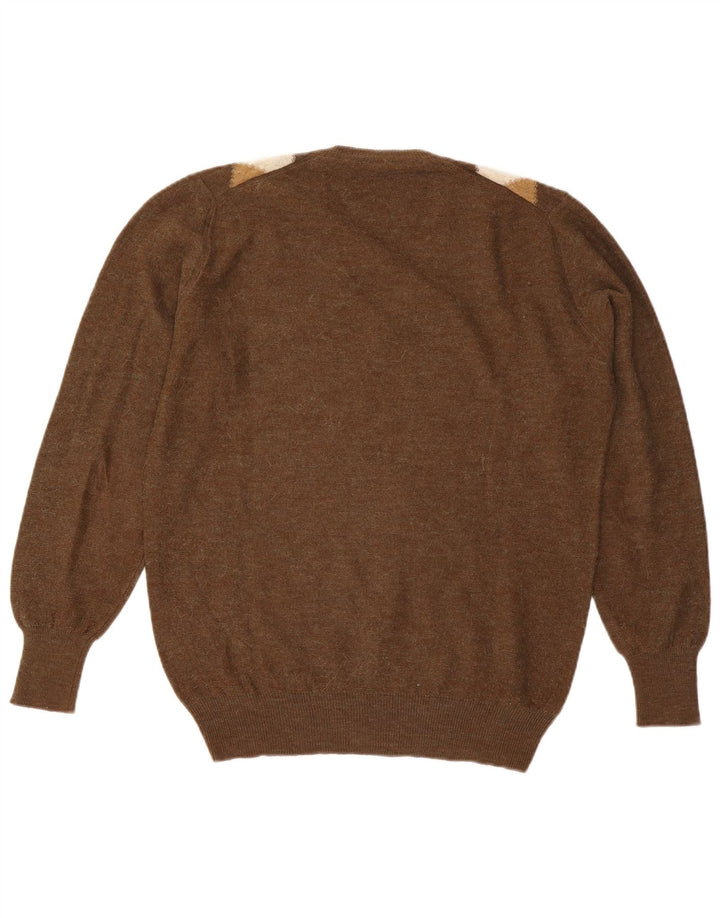 Maglione vintage da uomo con scollo a V grande marrone a rombi/diamante