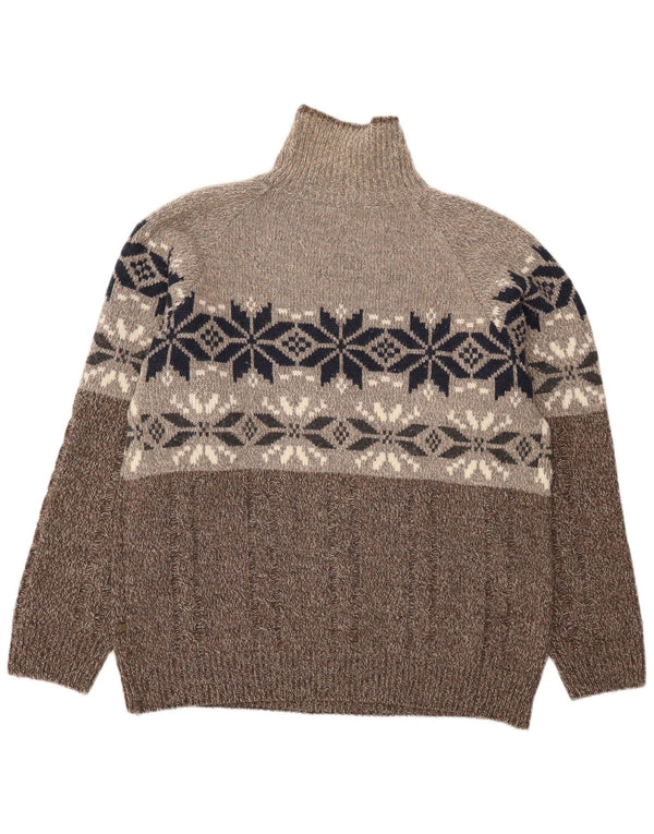 Maglione maglione vintage da uomo con collo alto XL lana Fair Isle marrone