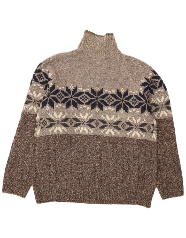Maglione maglione vintage da uomo con collo alto XL lana Fair Isle marrone