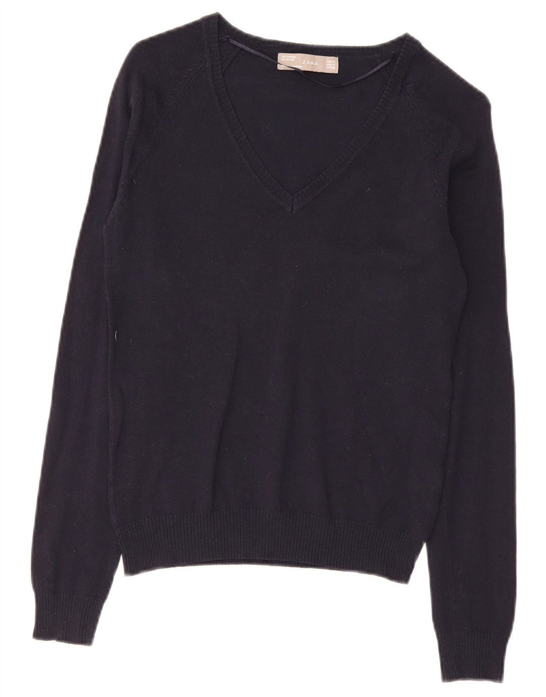Maglione maglione con scollo a V da donna Zara UK 12 cotone blu navy medio