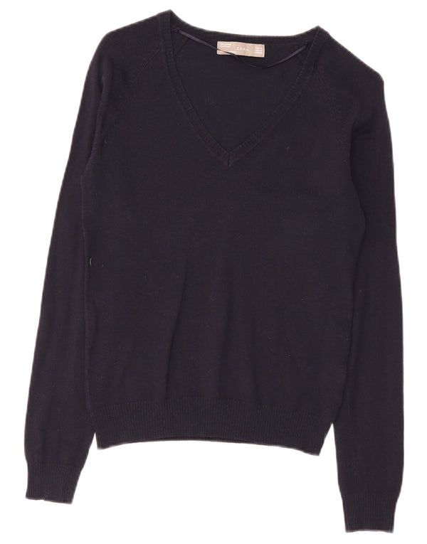 Maglione maglione con scollo a V da donna Zara UK 12 cotone blu navy medio