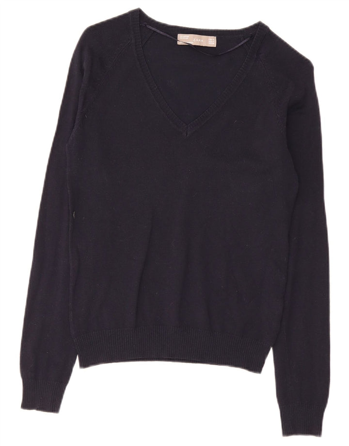 Maglione maglione con scollo a V da donna Zara UK 12 cotone blu navy medio
