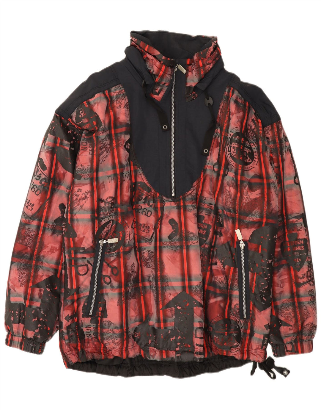 Giacca anorak da uomo vintage vestibilità ampia UK 38 Poliestere color block rosso medio