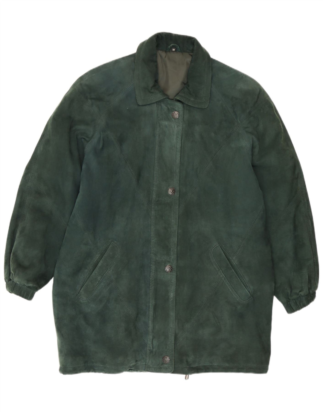Cappotto vintage da donna in pelle scamosciata vestibilità ampia con giacca a vento EU 38 in pelle verde medio