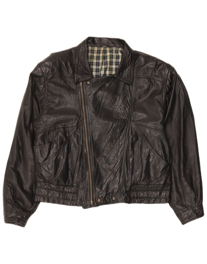 Giacca da motociclista in pelle vintage da uomo IT 50 grande nera