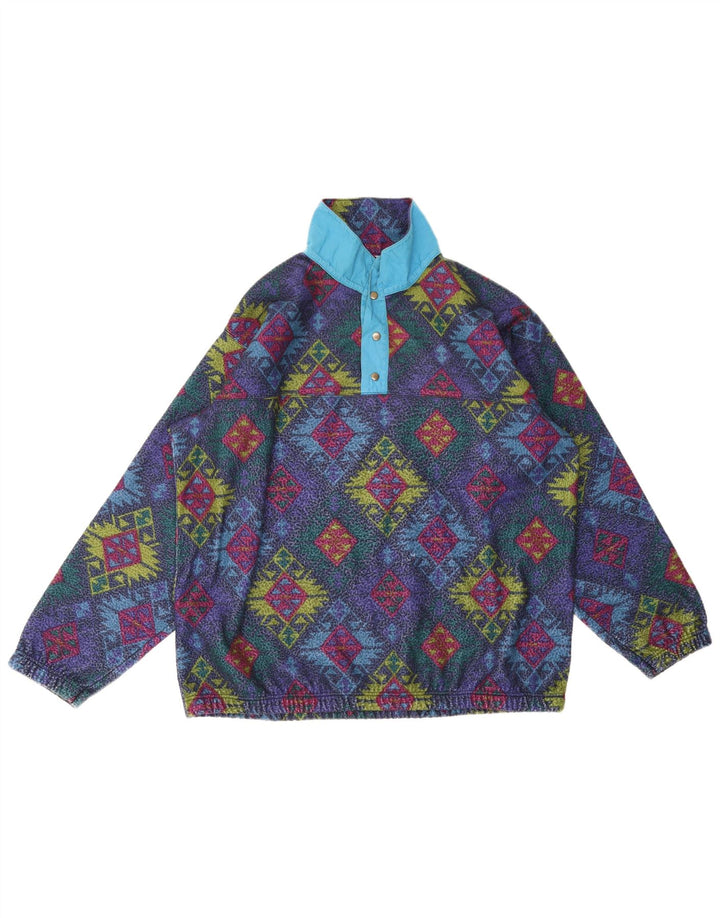 Maglione in pile da uomo vintage con collo a bottoni XL multicolore geometrico