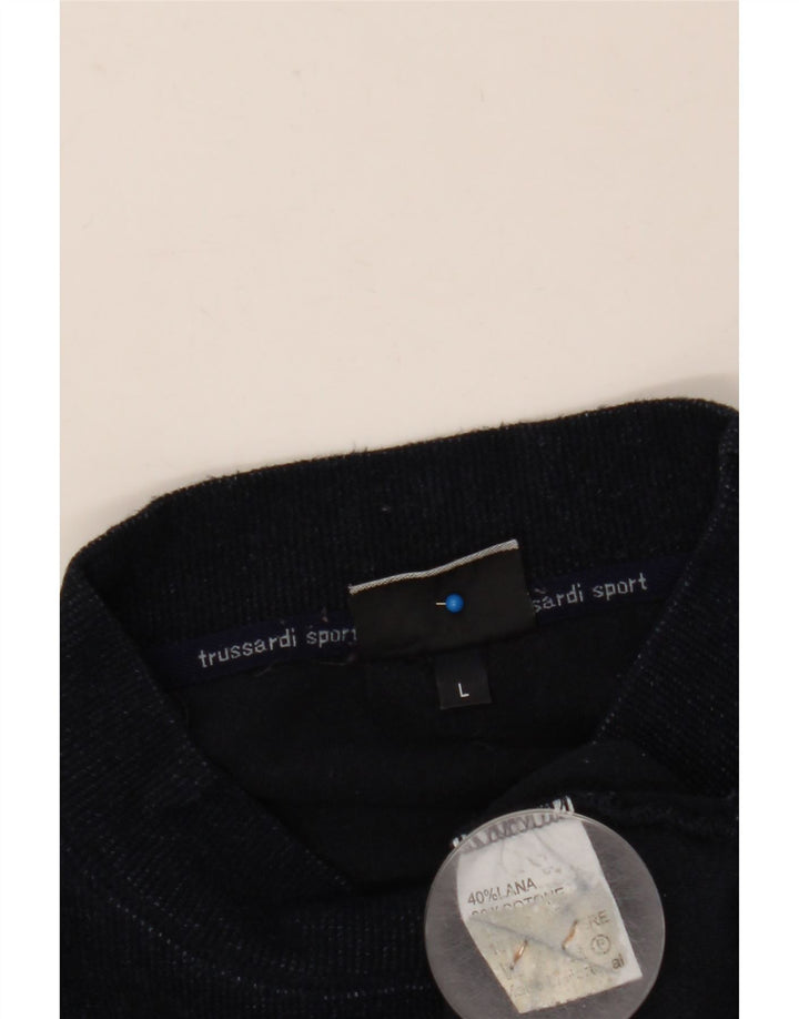 TRUSSARDI Maglione da uomo con collo alto e grafica grande in lana blu navy