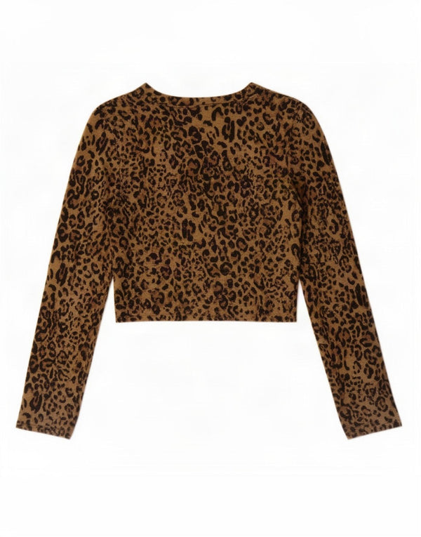 Zara Trafaluc Top corto da donna a maniche lunghe UK 8 piccola stampa animalier marrone