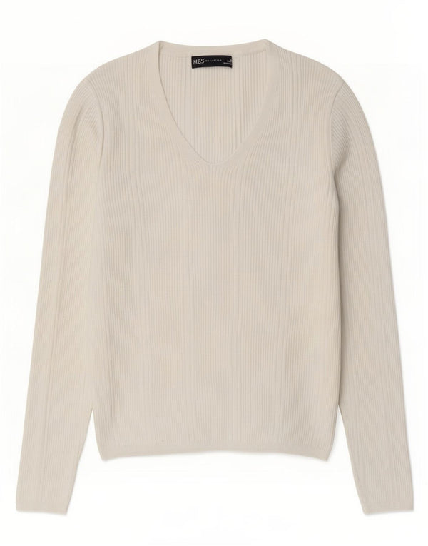Maglione da donna con scollo a V Marks & Spencer UK 10 piccolo in viscosa bianca