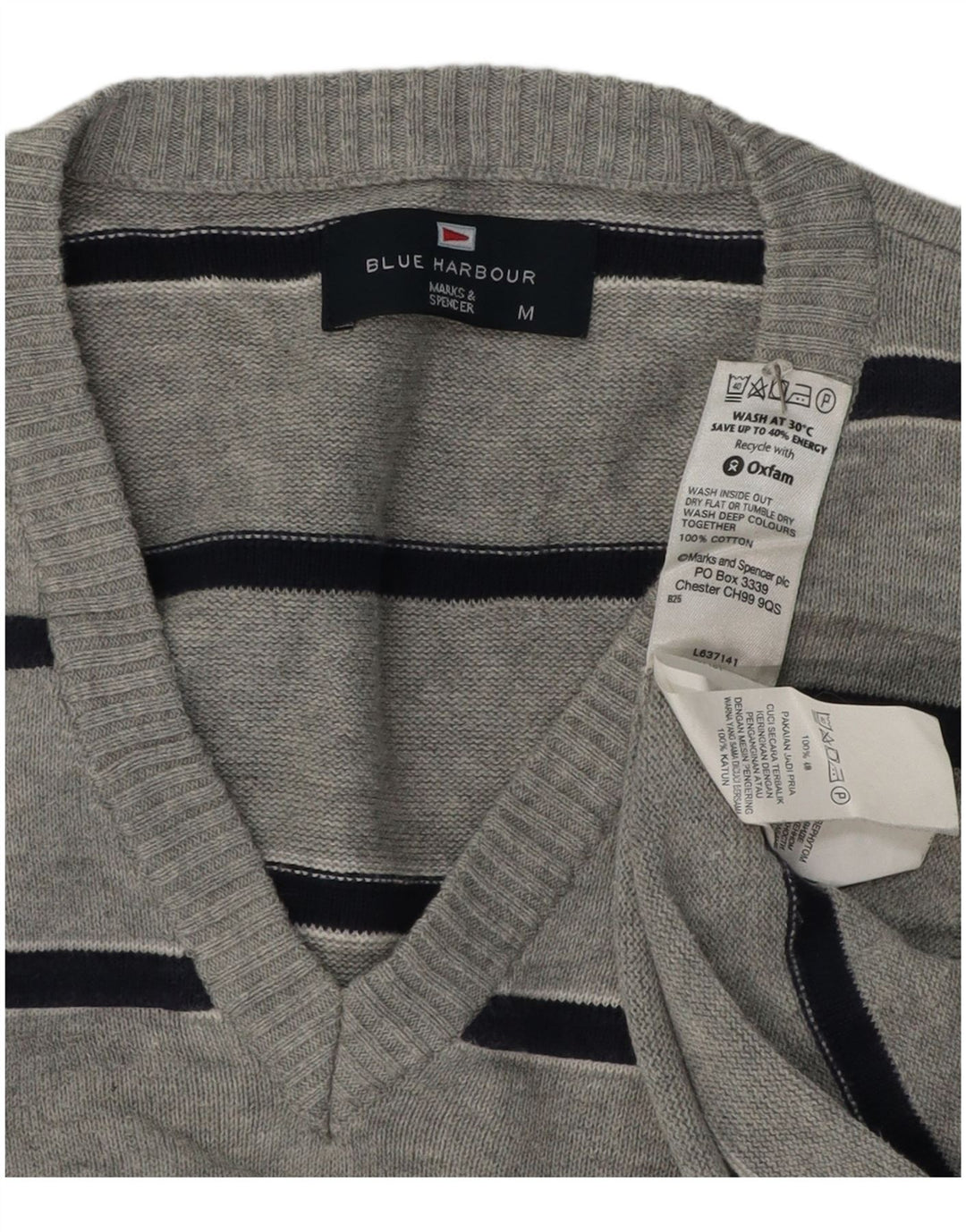 Maglione da uomo Marks & Spencer Blue Harbour con scollo a V grigio medio a righe