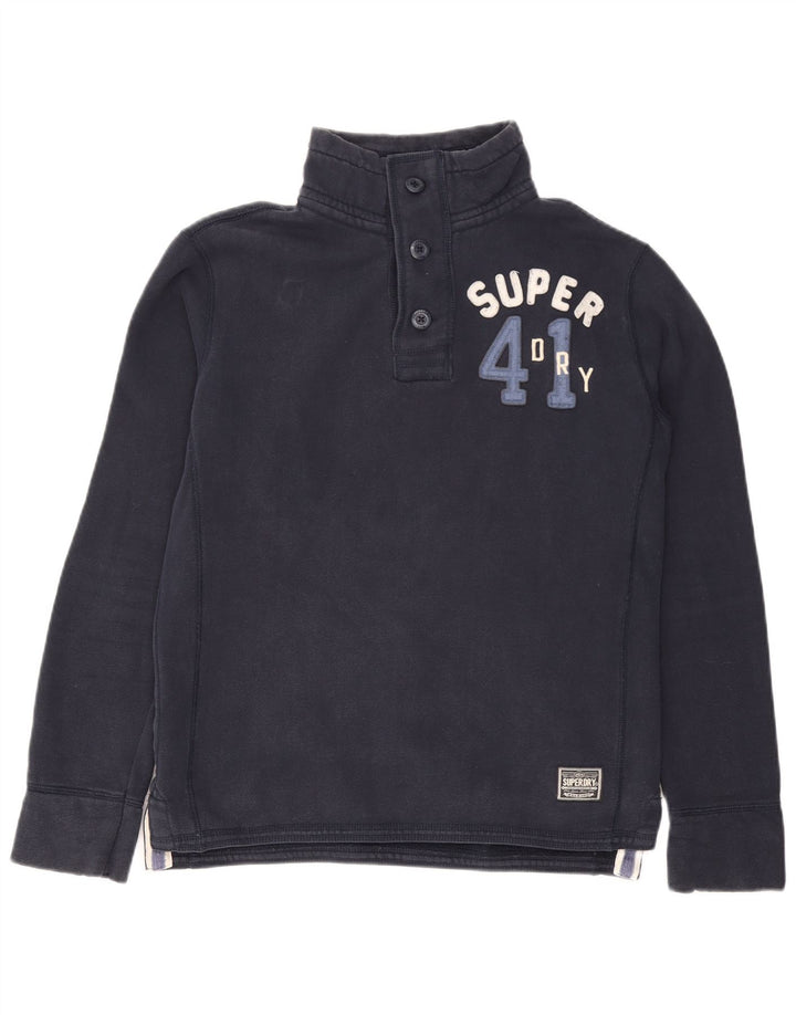 Felpa da uomo con collo con bottoni grafici Superdry, maglione grande, cotone blu navy