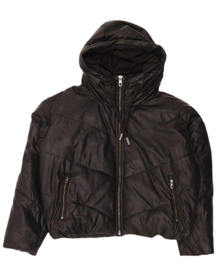 Giacca imbottita oversize in pelle sintetica con cappuccio Zara da donna UK 14 media nera