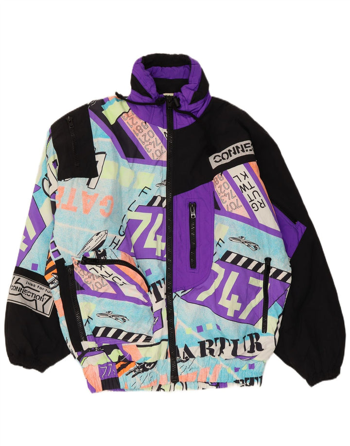 Giacca da sci vintage da uomo con cappuccio grafico UK 40 grande poliammide multicolore