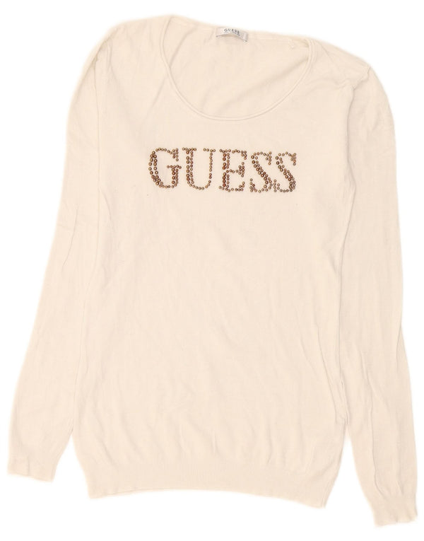 Guess maglione da donna con scollo a barca con grafica UK 14 grande viscosa bianca
