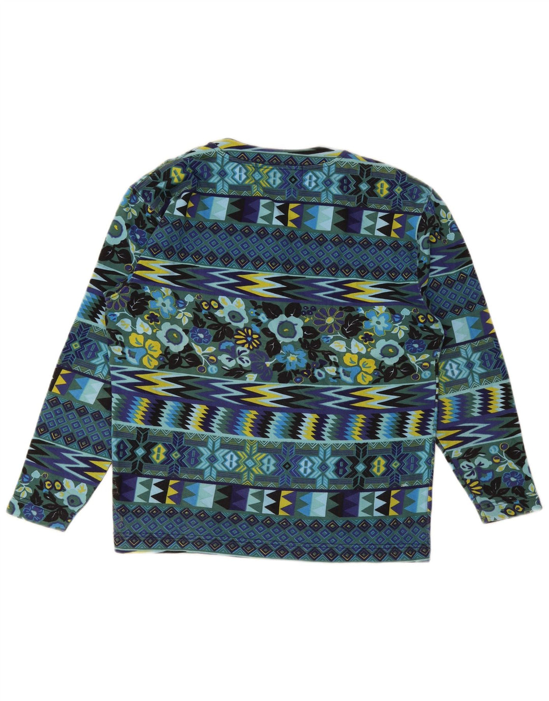 Top da donna vintage a maniche lunghe UK 14 cotone geometrico blu medio