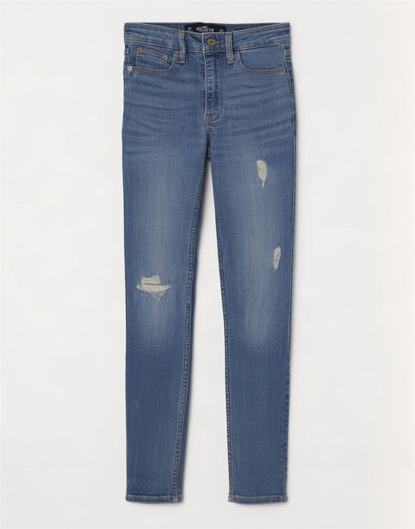 Jeans skinny Hollister da donna a vita alta effetto invecchiato US 0 XS W24 L25 Blu