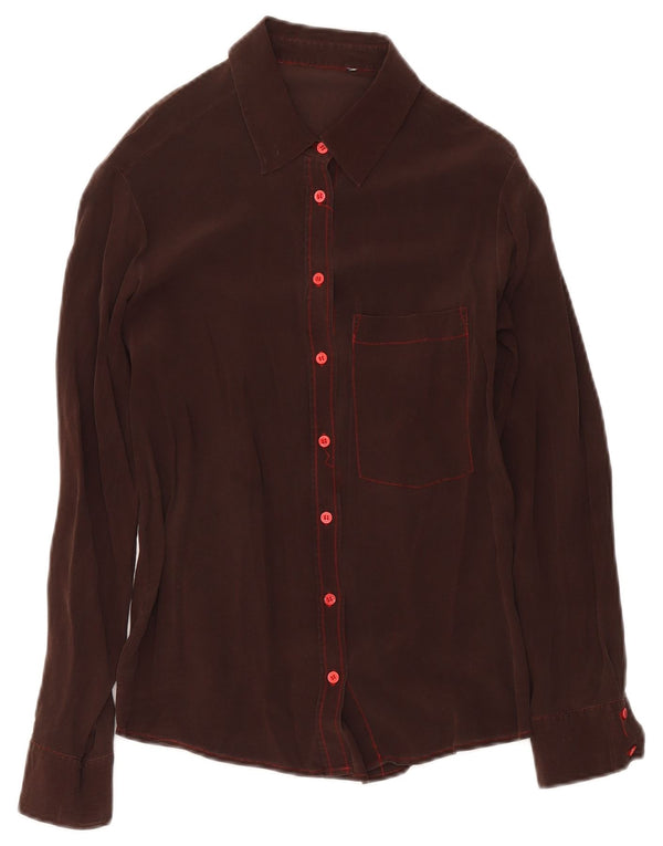 Camicetta camicia vintage da donna UK 12 Marrone medio