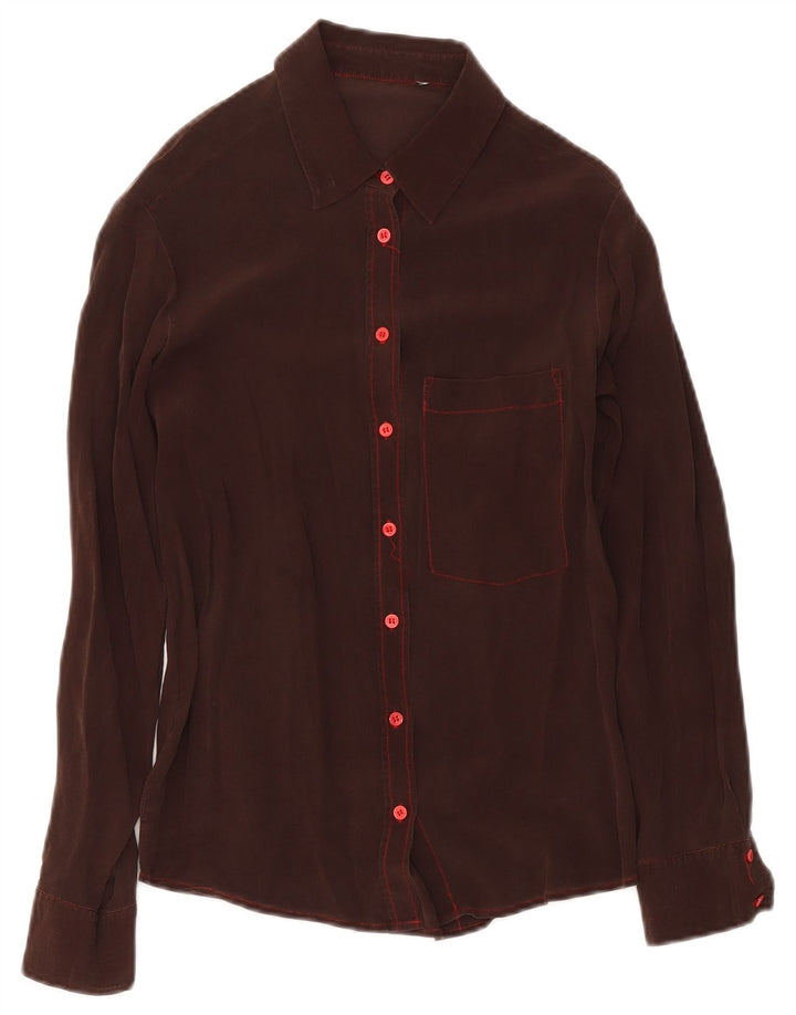 Camicetta camicia vintage da donna UK 12 Marrone medio