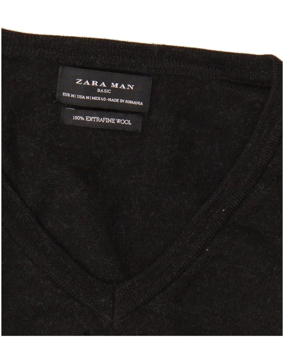 ZARA Mens V-Neck Jumper Sweater Medium Black Wool Vintage Zara and Second-Hand Zara from Messina Hembry 