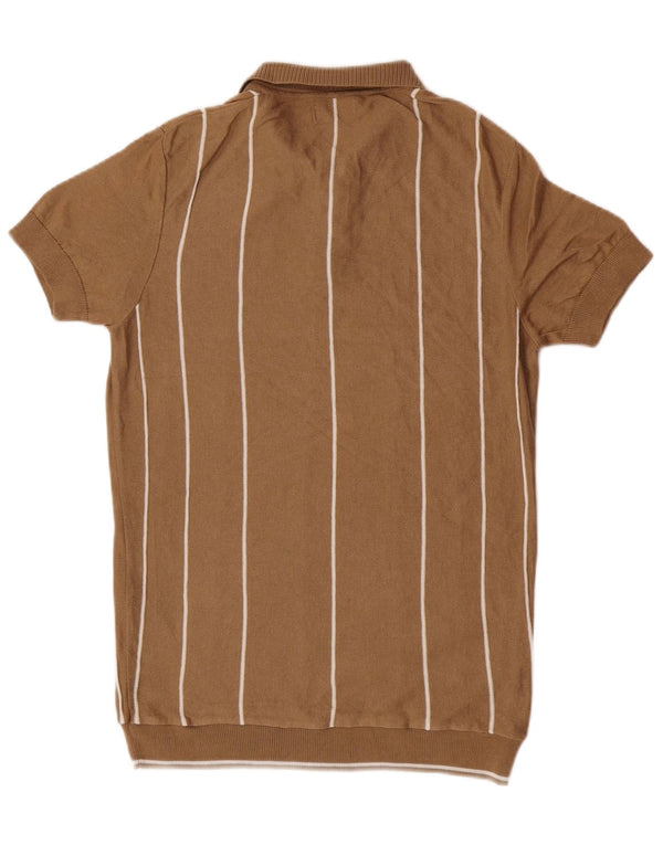 Zara Maglione da uomo a maniche corte con collo a polo, maglione a righe marrone medio