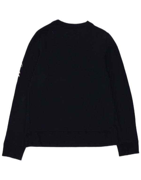 Felpa con grafica Hollister da donna, maglione UK 6 XS, cotone blu navy