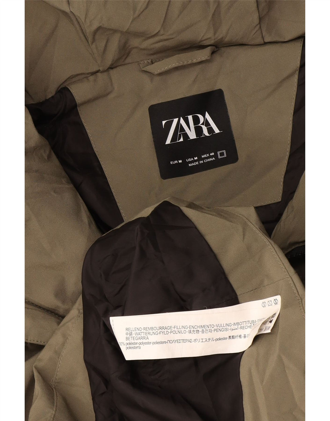 Giacca imbottita con cappuccio da uomo Zara UK 38 poliestere kaki medio