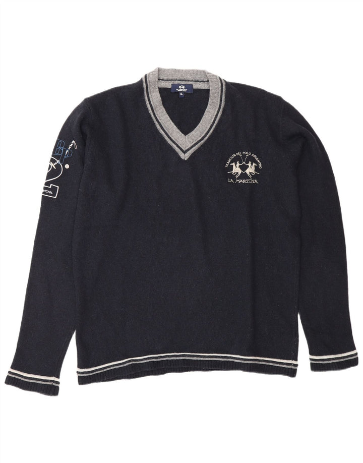 Maglione da uomo con scollo a V grafico La Martina XL Blu Navy