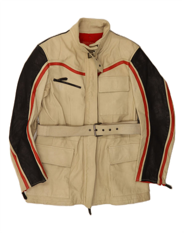 DONDUP Womens Leather Jacket UK 16 Large Beige Colourblock Leather Vintage Dondup and Second-Hand Dondup from Messina Hembry 