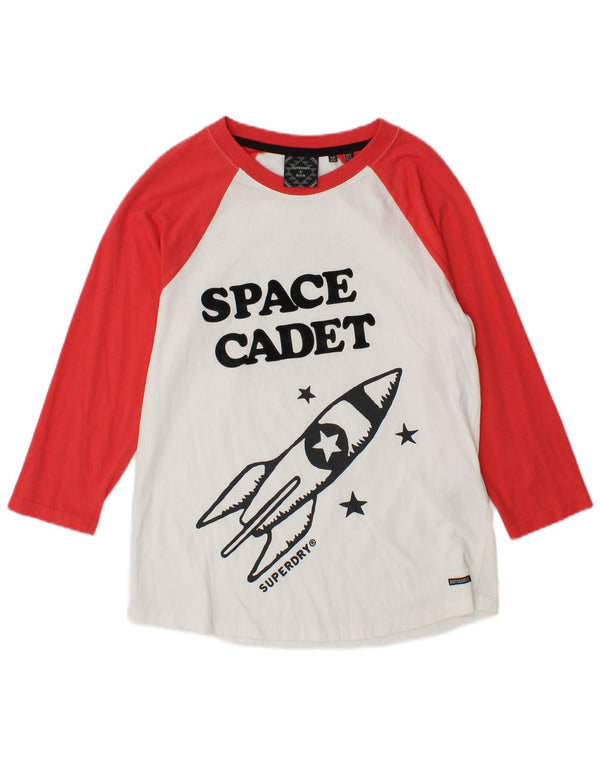 Top grafico da donna Superdry manica 3/4 UK 8 Small cotone color block bianco