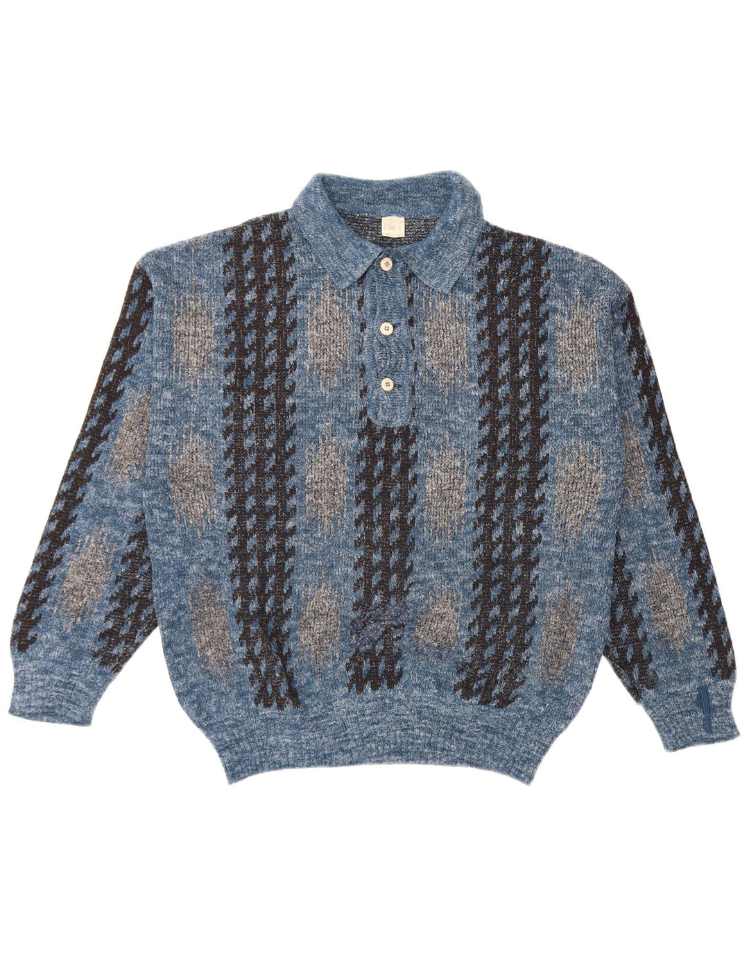Maglione vintage da uomo con collo polo blu medio geometrico