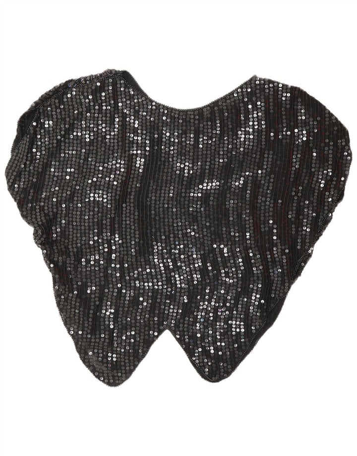 Camicetta vintage da donna con paillettes a pipistrello, top UK 16, grande nero a rombi/diamante
