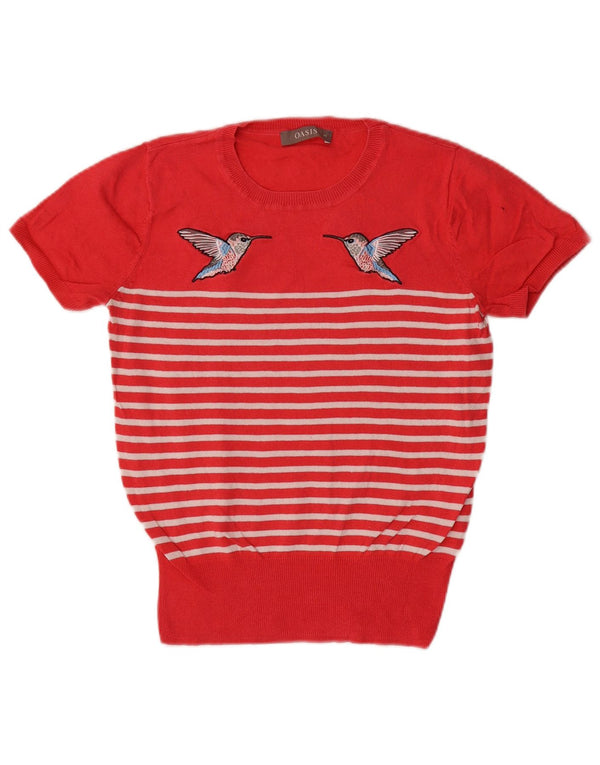 Maglione maglione girocollo con grafica da donna Oasis UK 6 XS rosso a righe