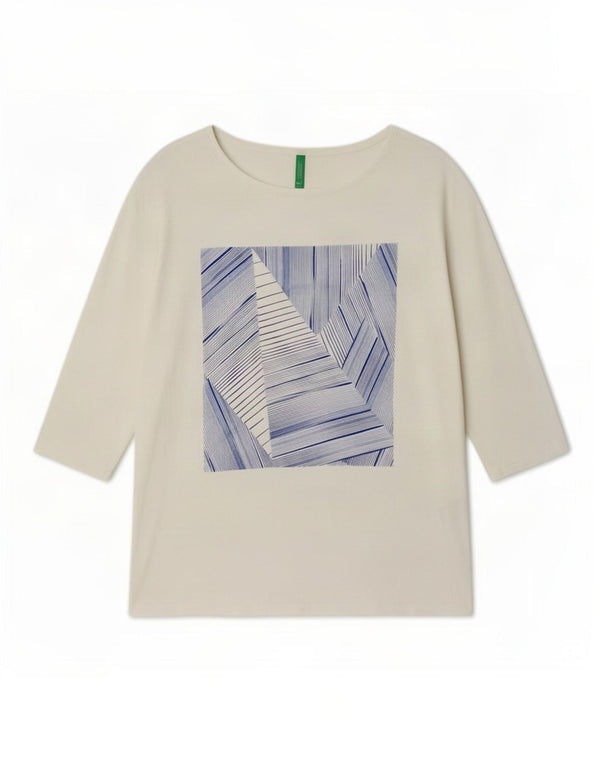 Top tunica con maniche a 3/4 grafica da donna Benetton UK 14 cotone bianco medio
