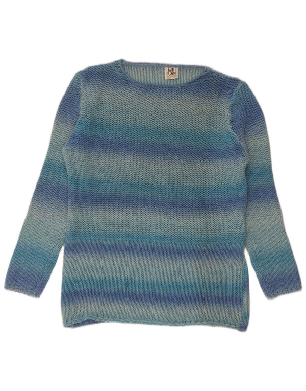 Maglione maglione vintage da donna con scollo a barca UK 10 piccola lana a righe blu