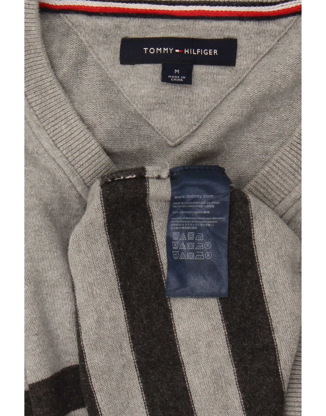 Tommy Hilfiger Uomo Maglione con scollo a V Maglione in cotone a righe grigio medio