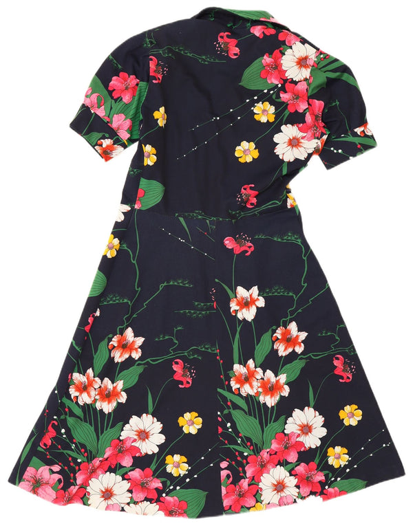 Abito a trapezio da donna vintage UK 12 medio blu navy floreale
