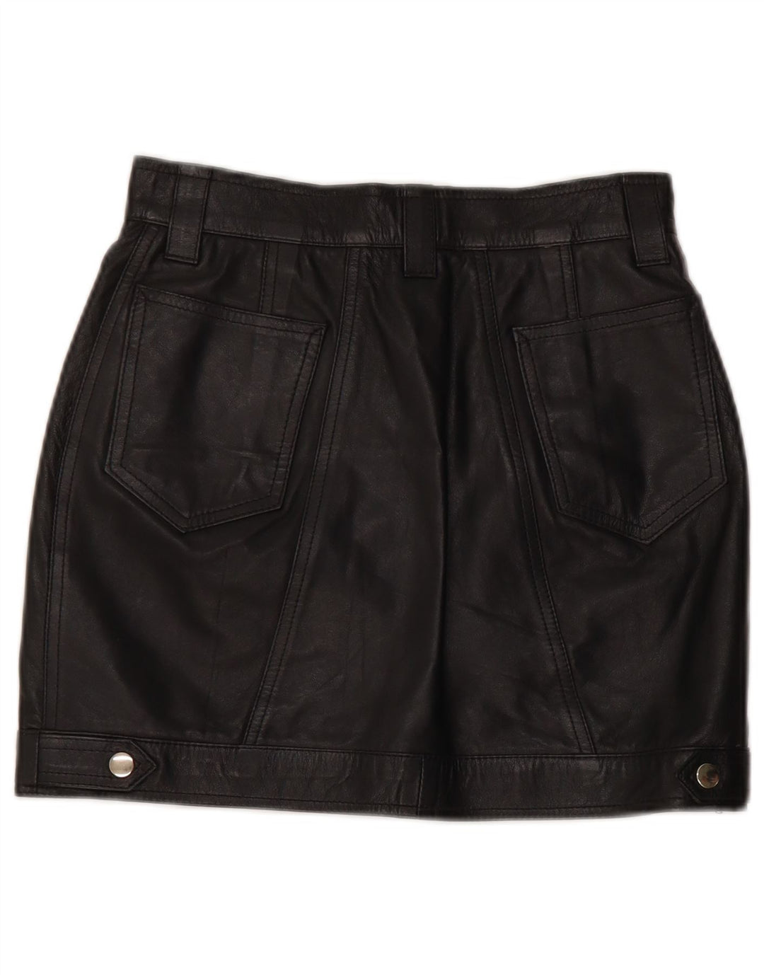 Mini gonna in pelle a vita alta da donna VINTAGE IT 42 media W26 nera