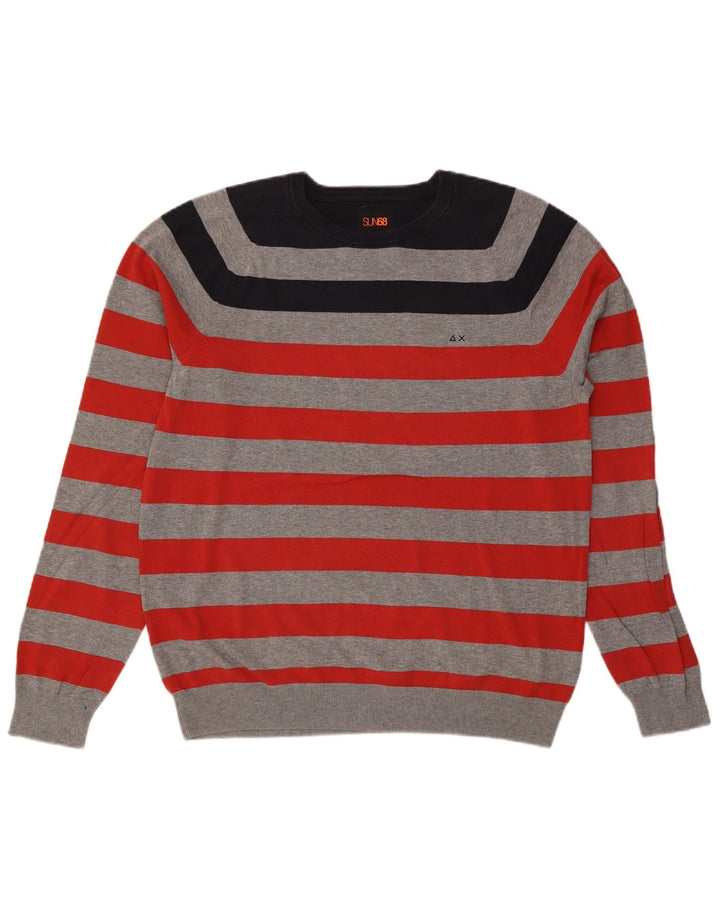 SUN68 Mens Crew Neck Jumper Sweater XL Red Striped Cotton