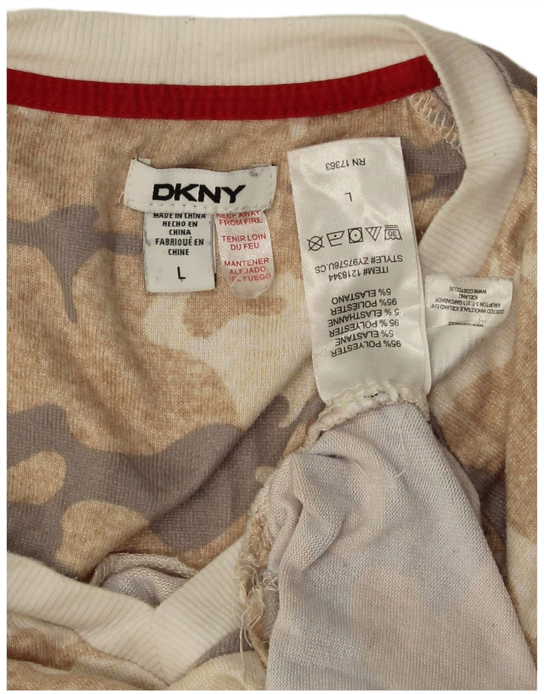Dkny Top grafico da donna a maniche lunghe UK 16 Large Beige Camouflage Poliestere