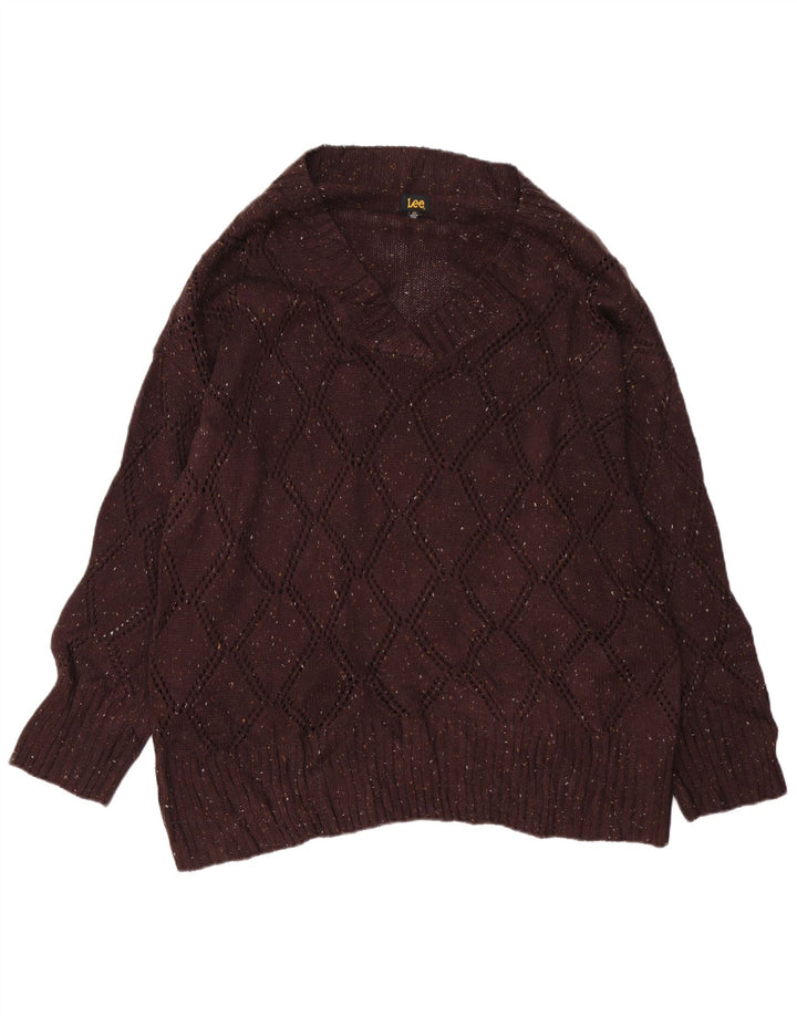 Maglione maglione oversize con scollo a V da donna LEE UK 20 2XL Lana screziata marrone
